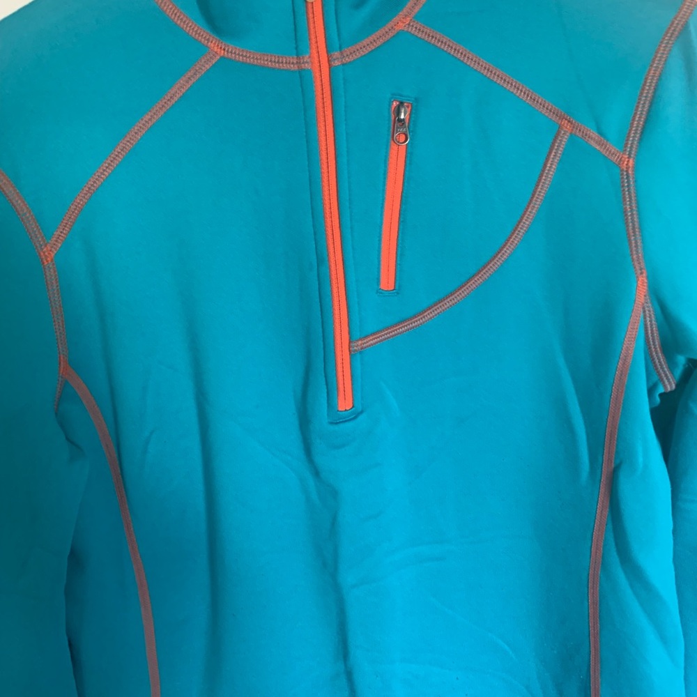 Marmot Teal Fleece with Orange Stitching Size M Vertical Zipped Pocket - Picture 5 of 12